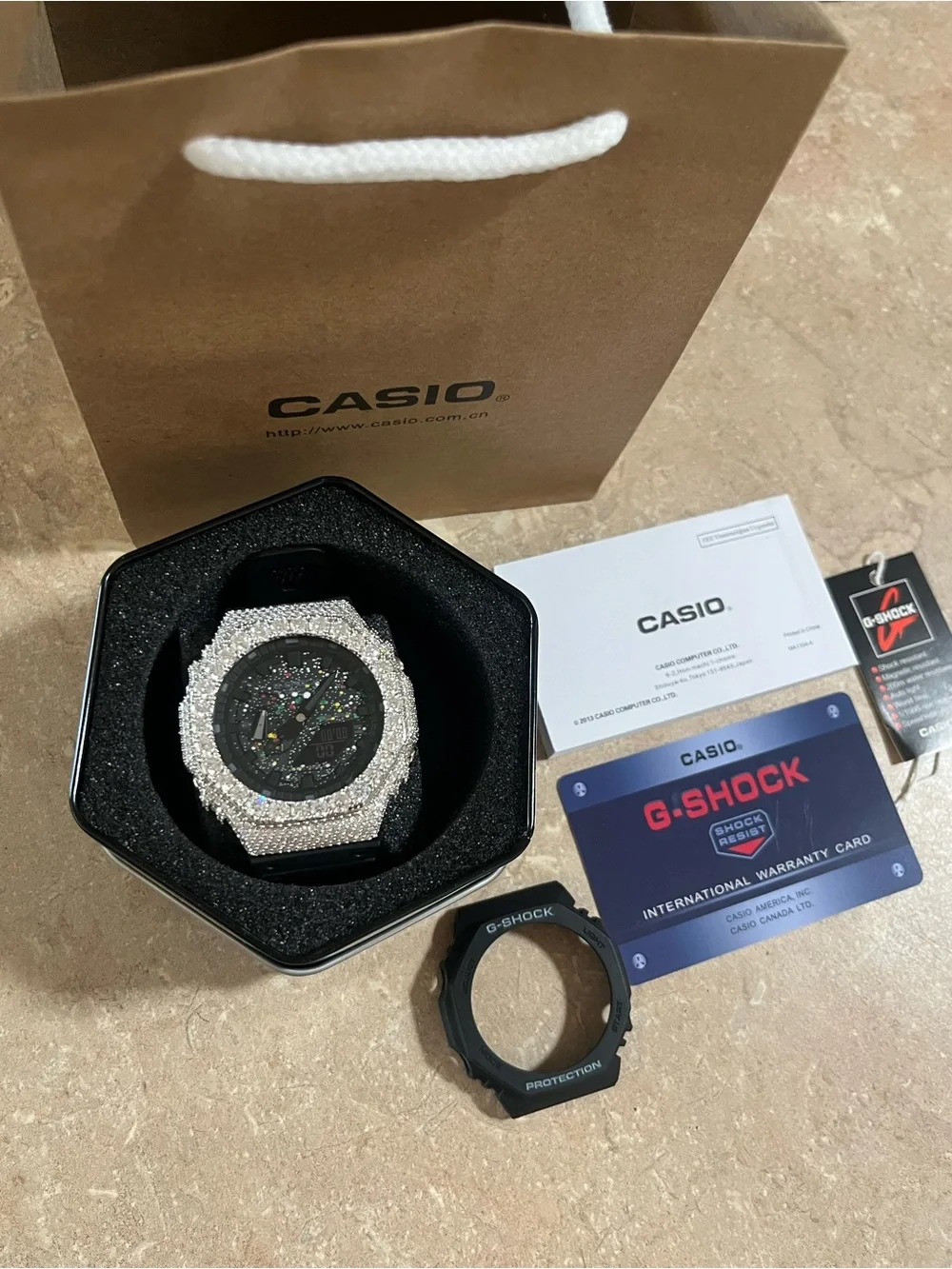 G-Shock Black Dial Watch with Silver moissanite Case and Multicolor Accents